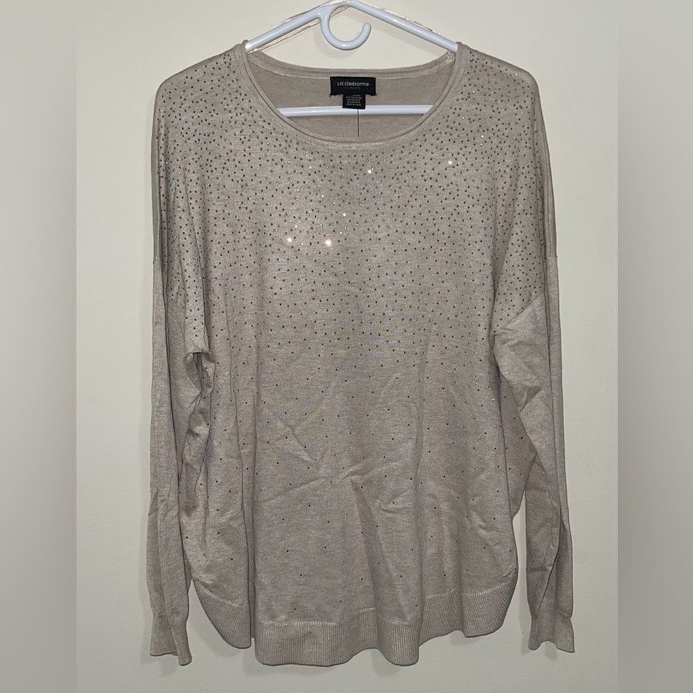 Liz Claiborne Sweater Shimmer Rhinestones Oatmeal Heather Sz Large. NWT